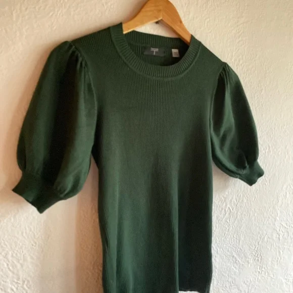 SALE Tahari Blouse Dark Green Ribbed Knit Puff Sleeve Stretchy Top Size M - Picture 2 of 8